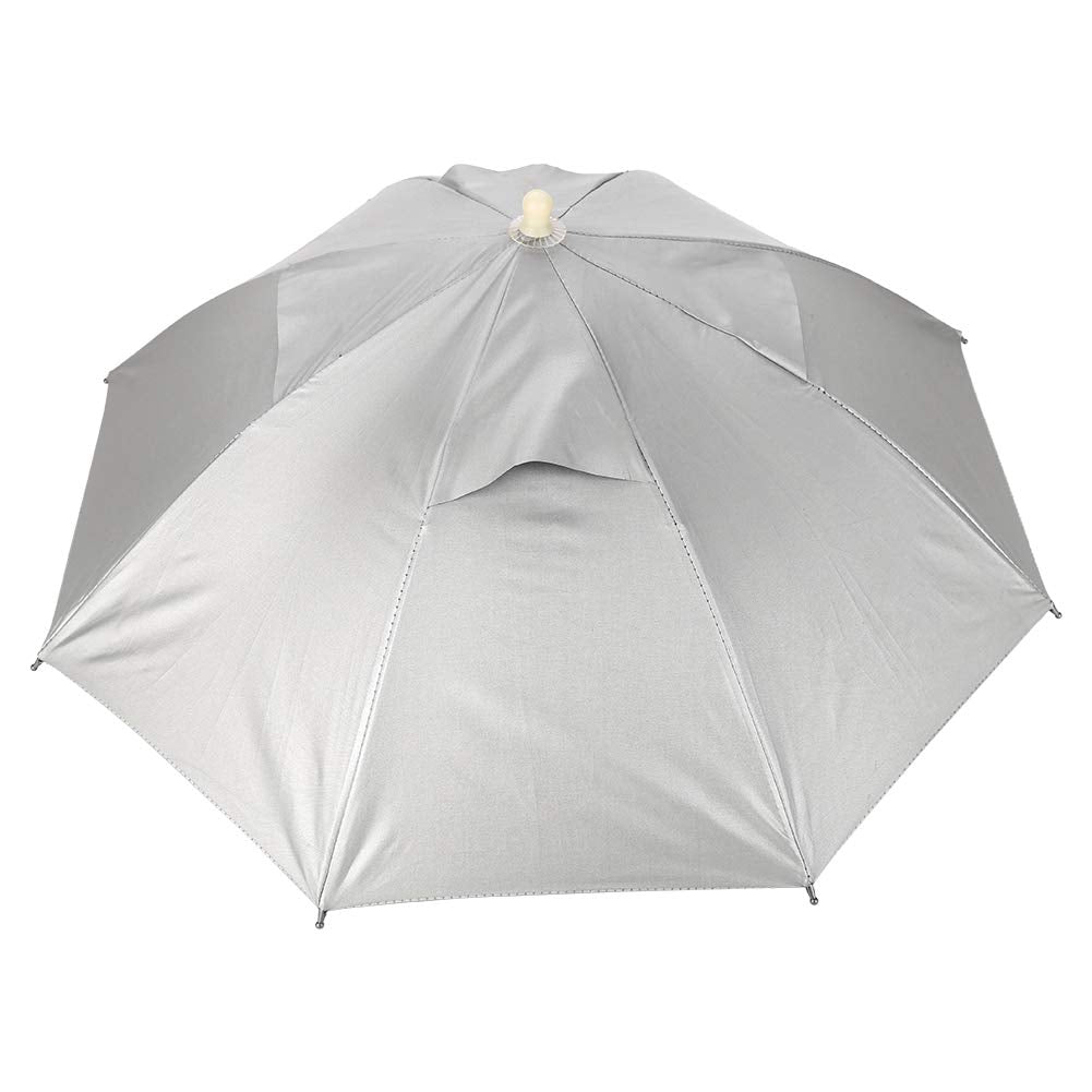 Person wearing hands-free umbrella hat outdoors