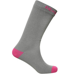 DexShell waterproof ultra-thin crew sock in grey/pink for dry, breathable outdoor wear.