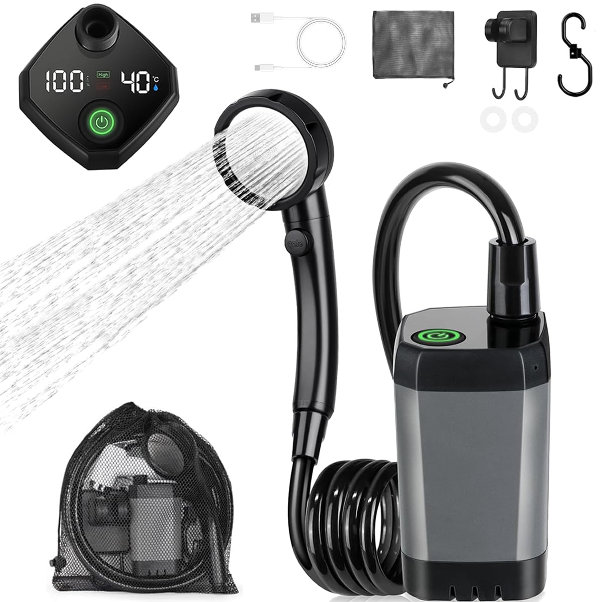 DEYOT portable shower main setup with LED display for easy outdoor rinsing