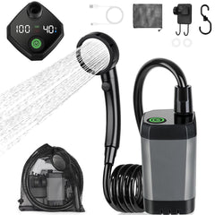 DEYOT portable shower main setup with LED display for easy outdoor rinsing