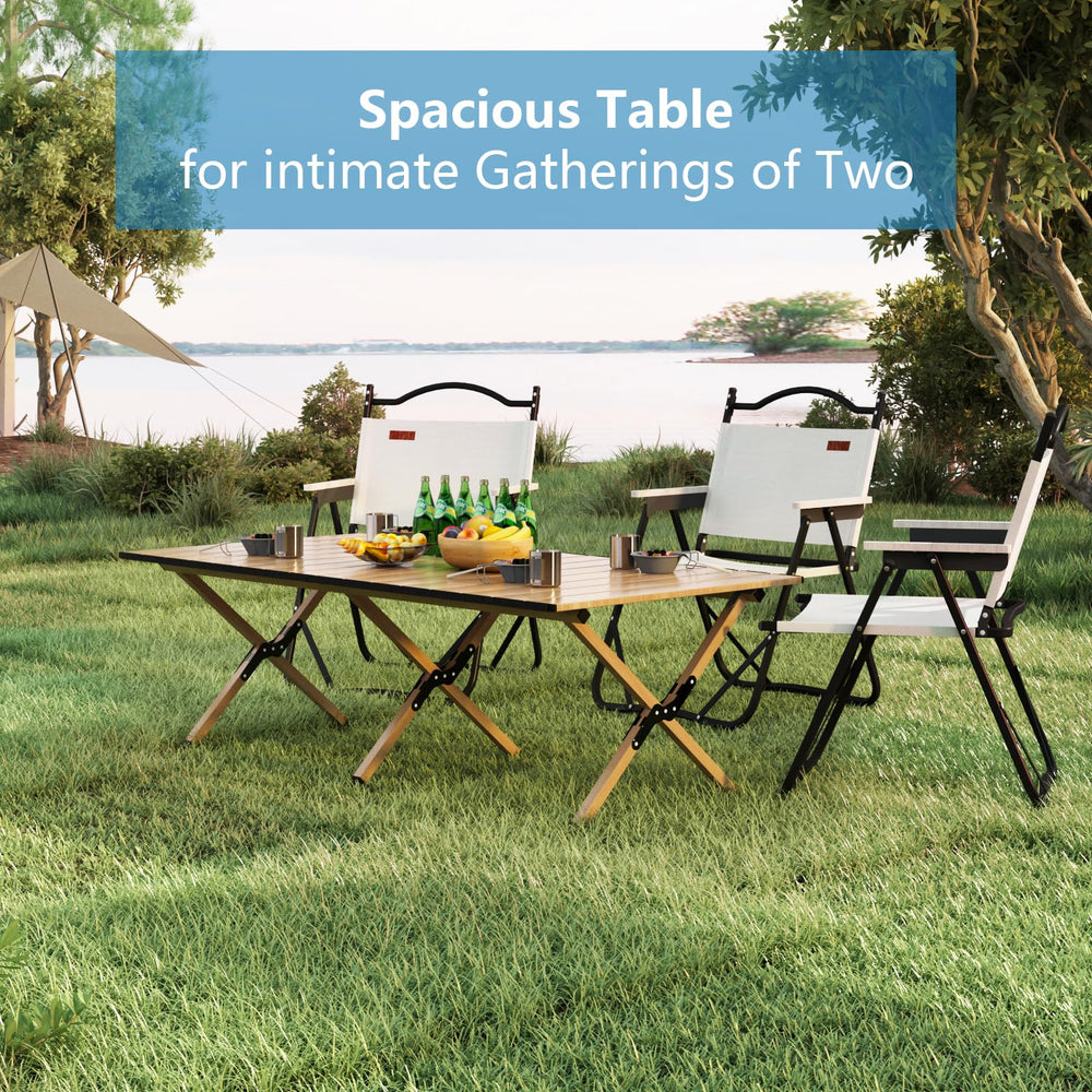 Diaeunrte folded portable table fits compactly into storage or trunk.