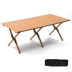 Diaeunrte folding table rolled-top demonstrates portable setup for outdoor picnics and trips.