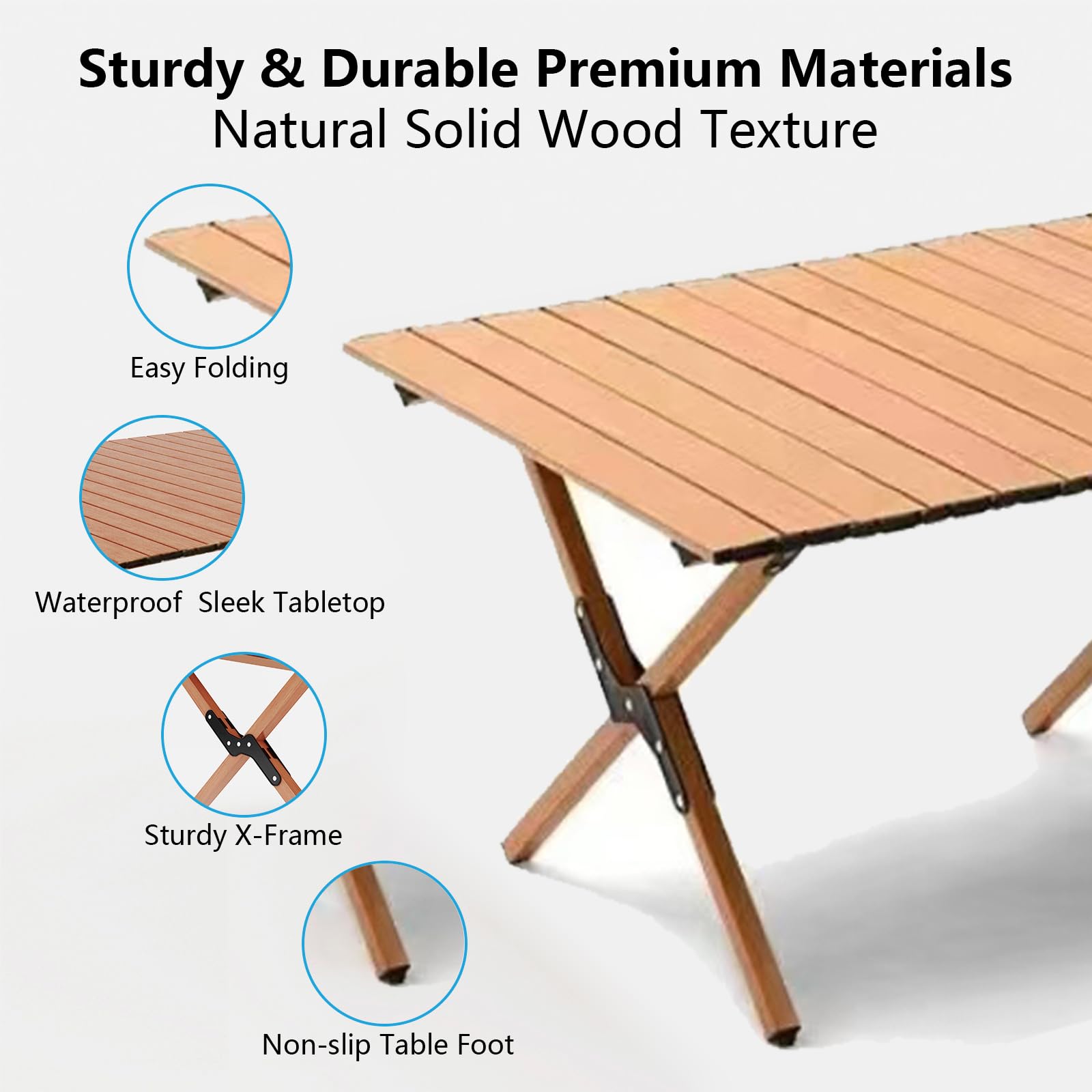 Diaeunrte table with x-shaped legs offers stable support on uneven ground.