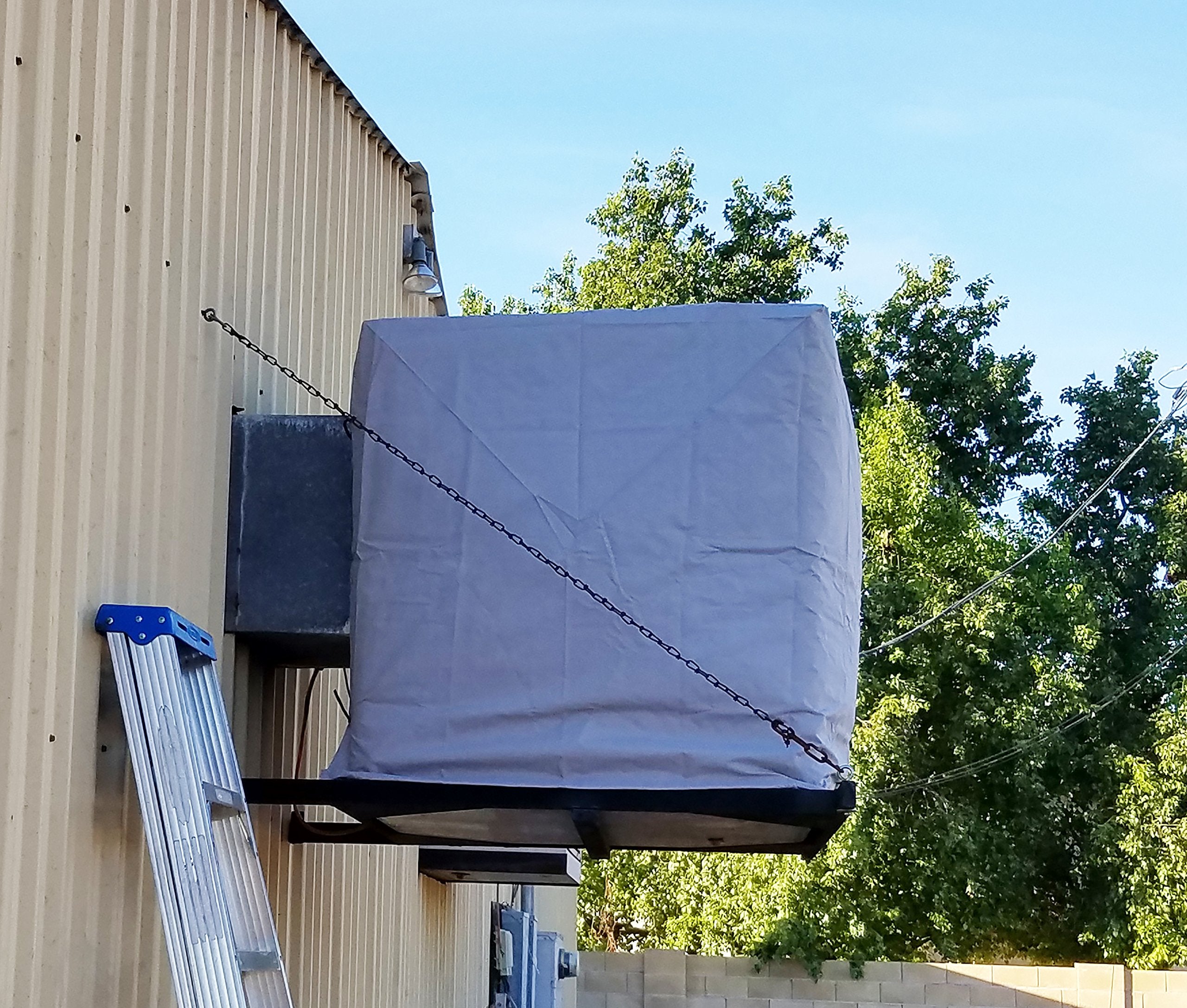 Dial evaporative cooler cover folds compactly for convenient seasonal storage.