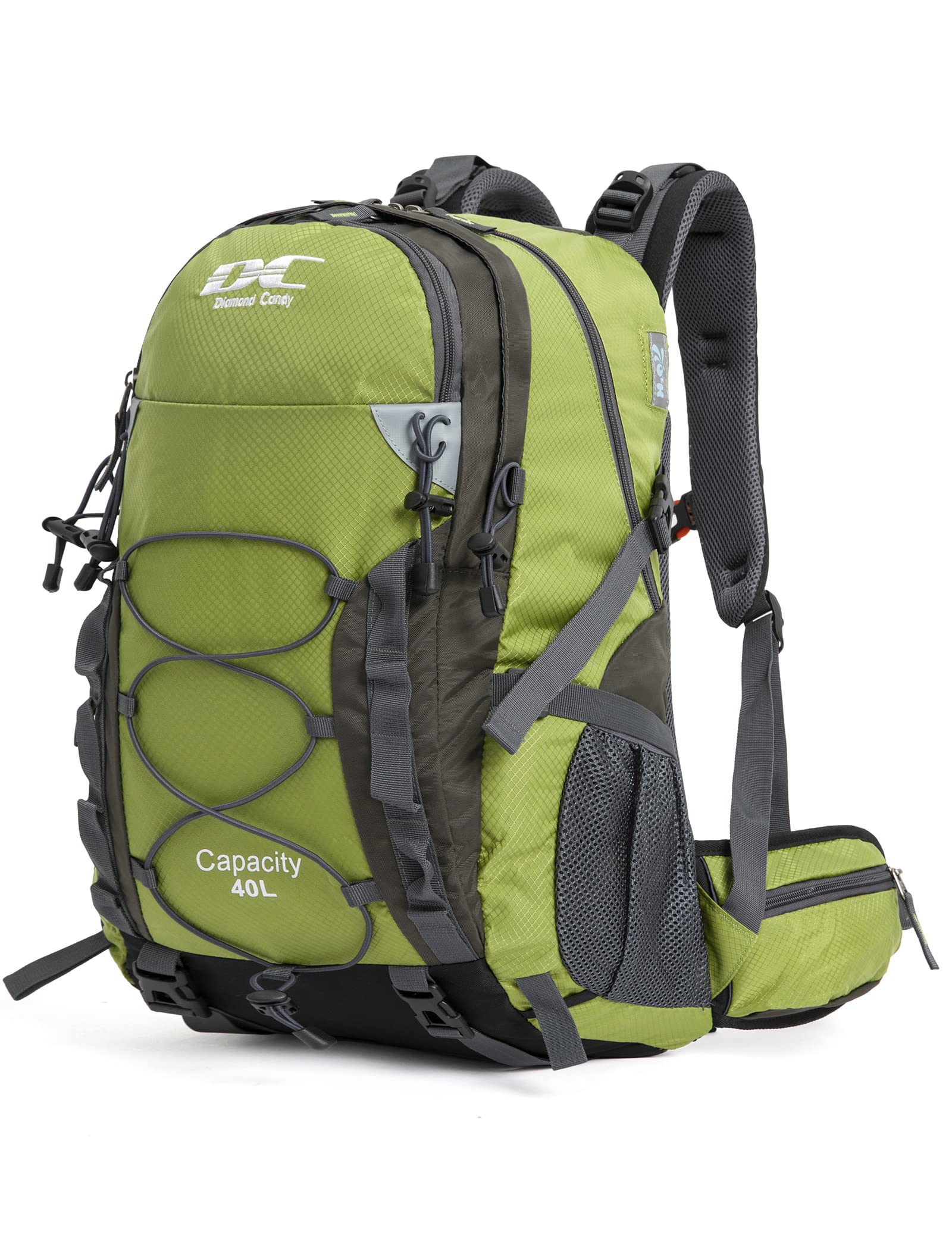 Diamond Candy waterproof hiking backpack armygreen front view highlights 40L capacity for weekend adventures