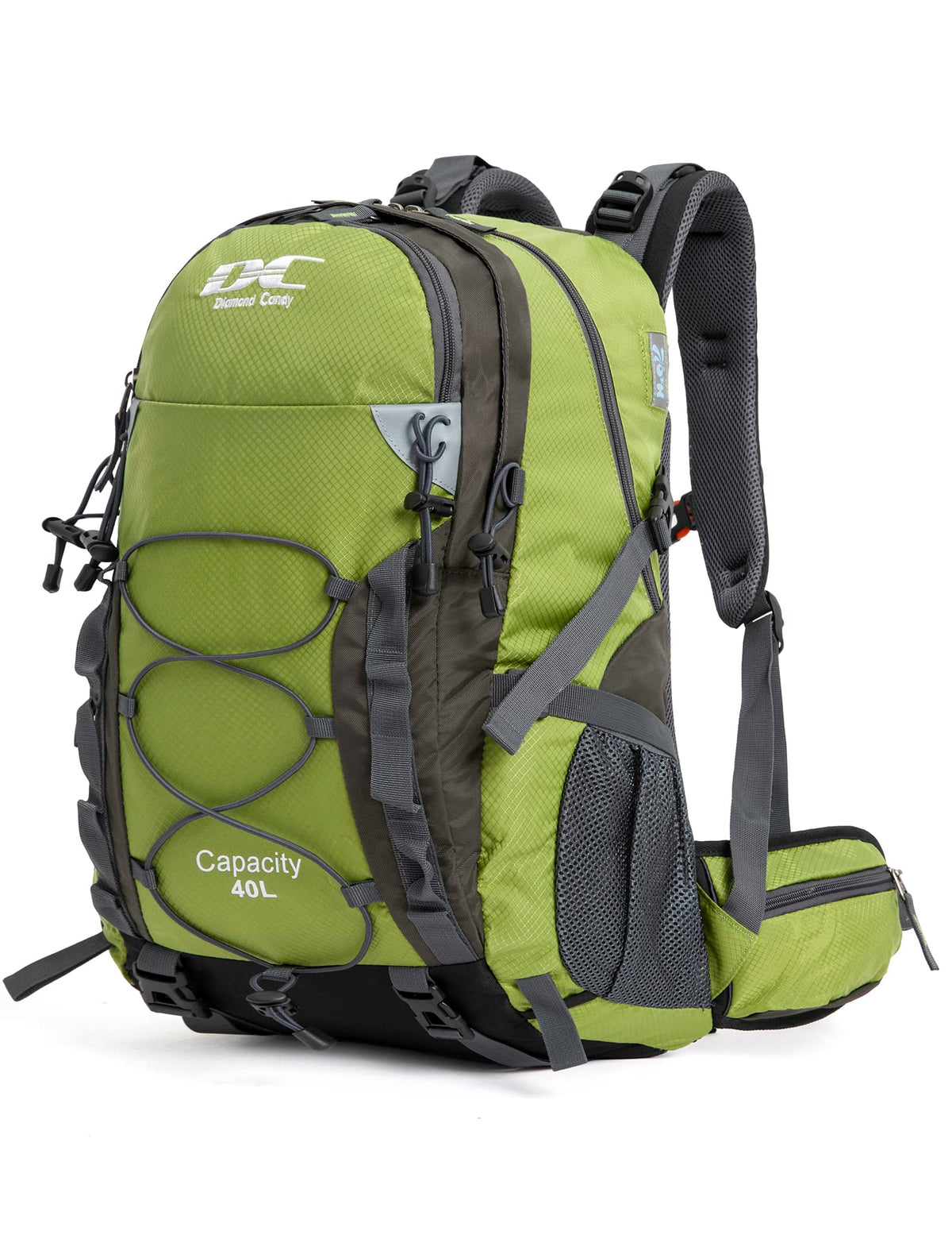 Diamond Candy waterproof hiking backpack armygreen front view highlights 40L capacity for weekend adventures