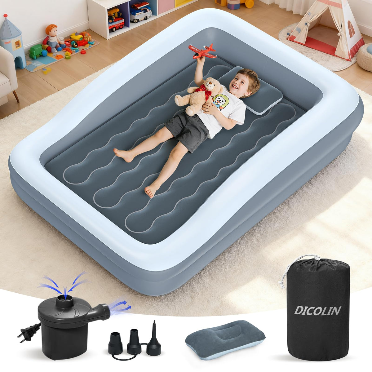 DICOLIN inflatable toddler bed with four-sided bumper offers secure sleep during travel.