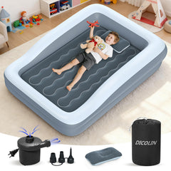 DICOLIN inflatable toddler bed with four-sided bumper offers secure sleep during travel.