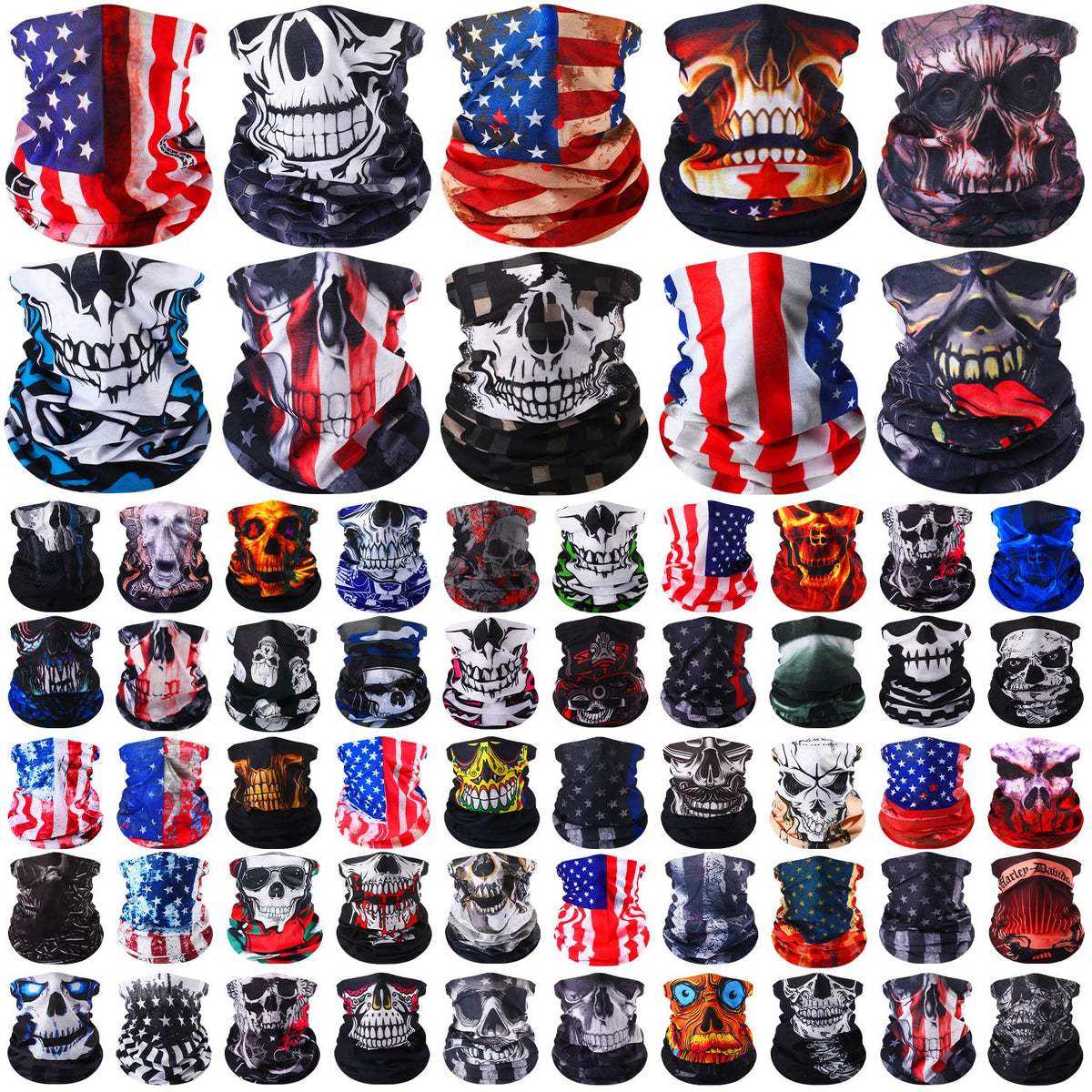 Didaey neck gaiter bulk with multi-designs, front view, versatile outdoor protection.