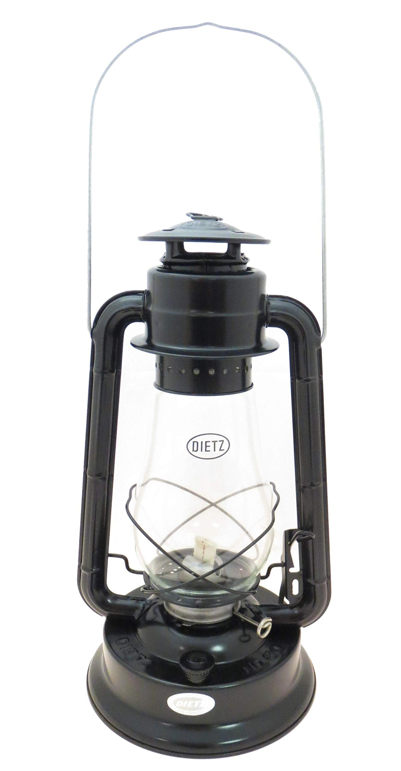 Dietz Blizzard hurricane lantern in black body provides rugged outdoor lighting for camping
