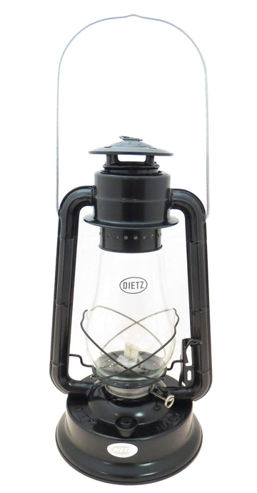 Dietz Blizzard hurricane lantern in black body provides rugged outdoor lighting for camping