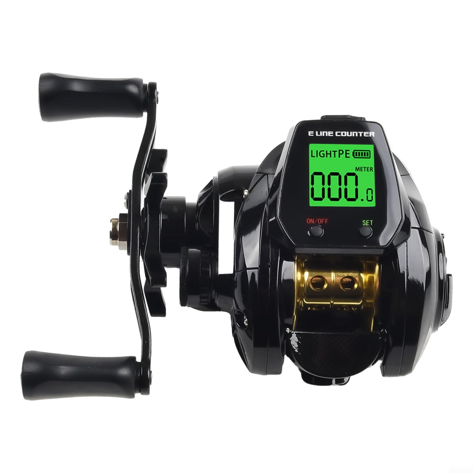 Digital baitcasting reel bite alarm active, signaling bites clearly.