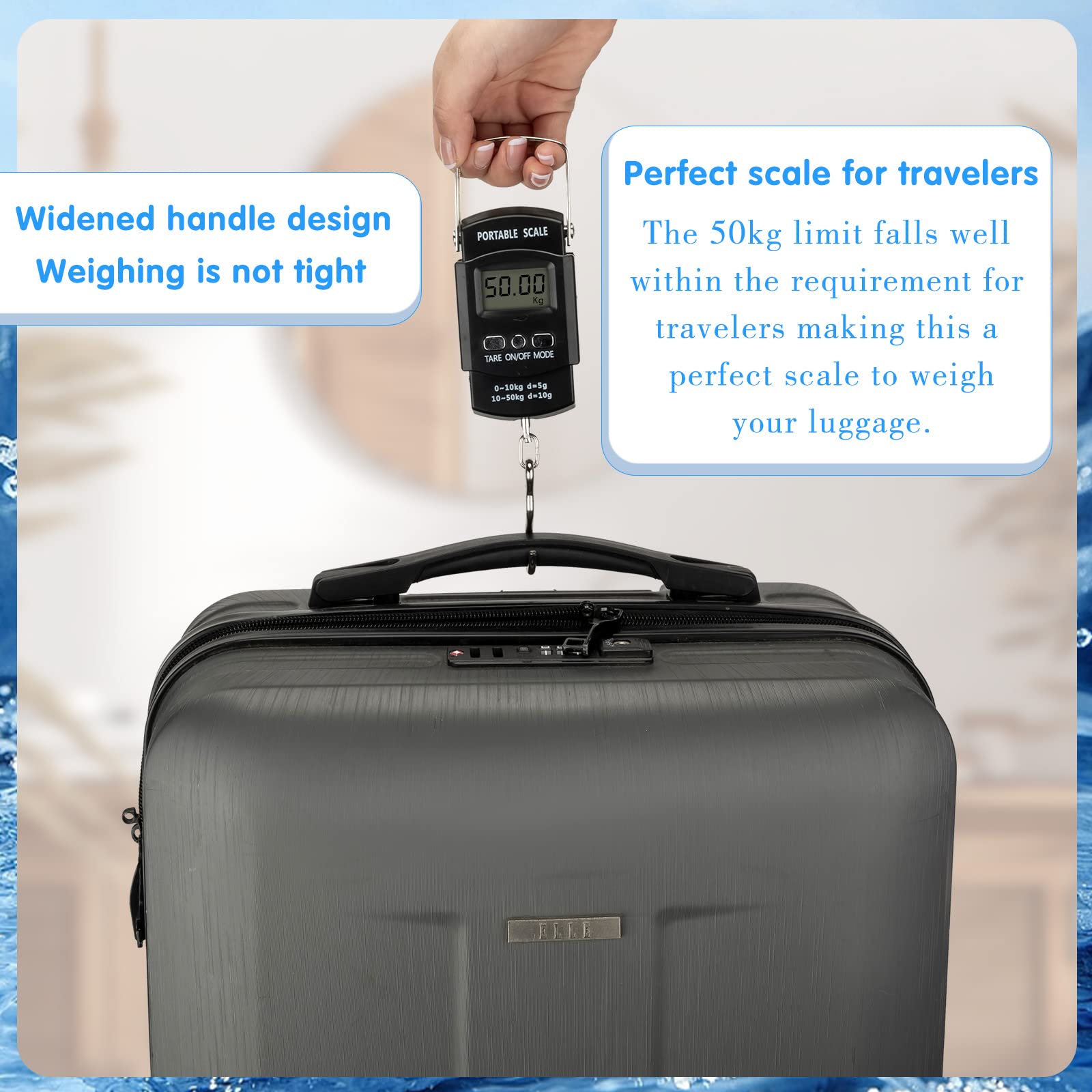 Usage scenario: weighing luggage and fishing gear with 110 lb capacity