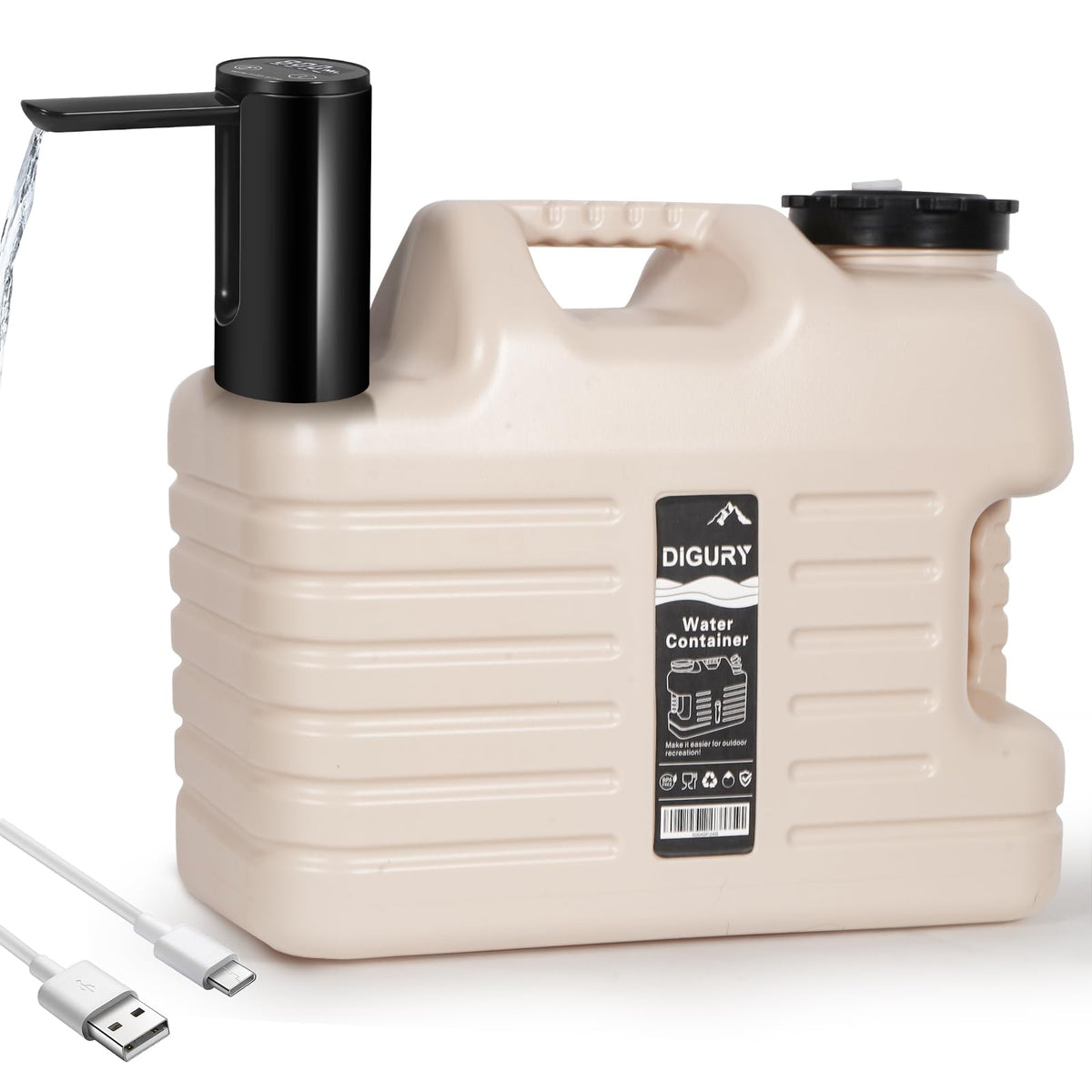 Digury 5-gallon water jug front view with dual handles for easy camping transport.