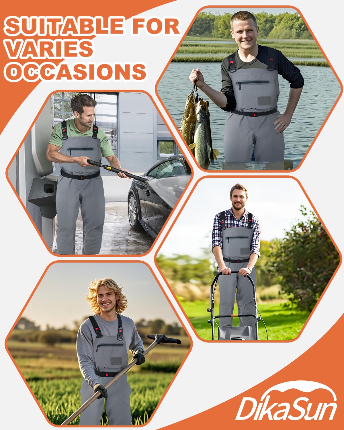 Chest waders with external pocket, Y-back suspenders, and quick-release buckles
