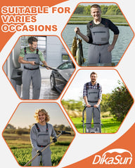 Chest waders with external pocket, Y-back suspenders, and quick-release buckles