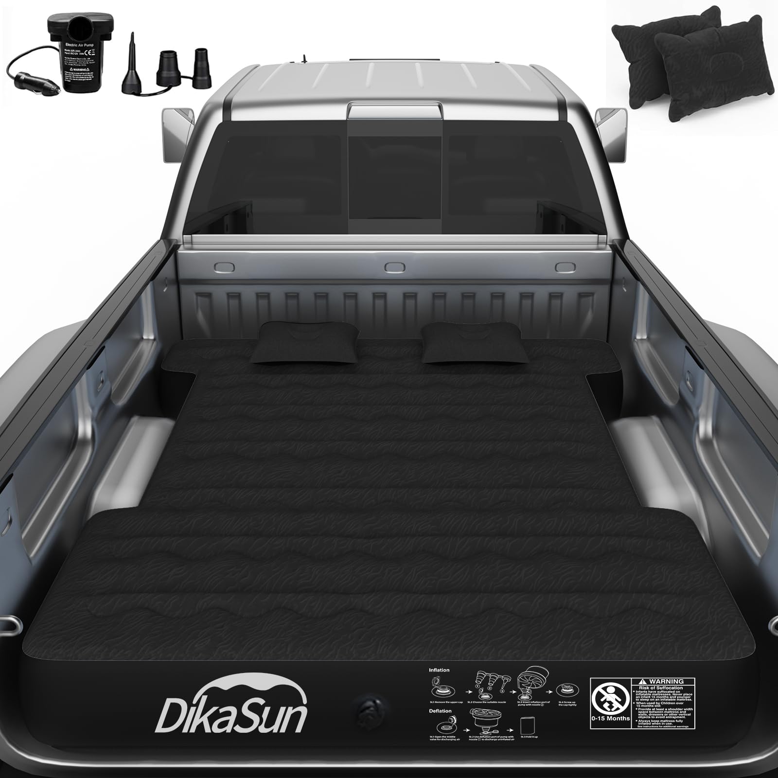 DikaSun truck bed mattress in a full-size bed setup for camping comfort.