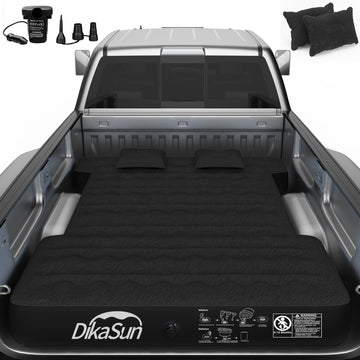 DikaSun truck bed mattress in a full-size bed setup for camping comfort.
