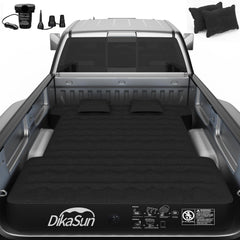 DikaSun truck bed mattress in a full-size bed setup for camping comfort.
