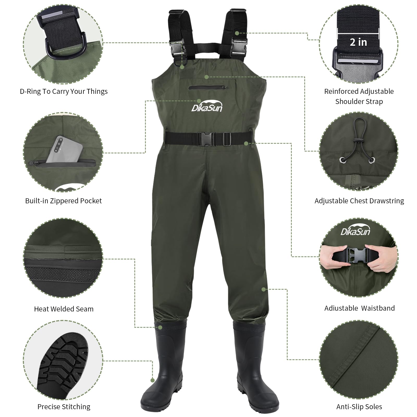 DikaSun waders green back view highlighting seamless waterproof coverage for all-day wear.