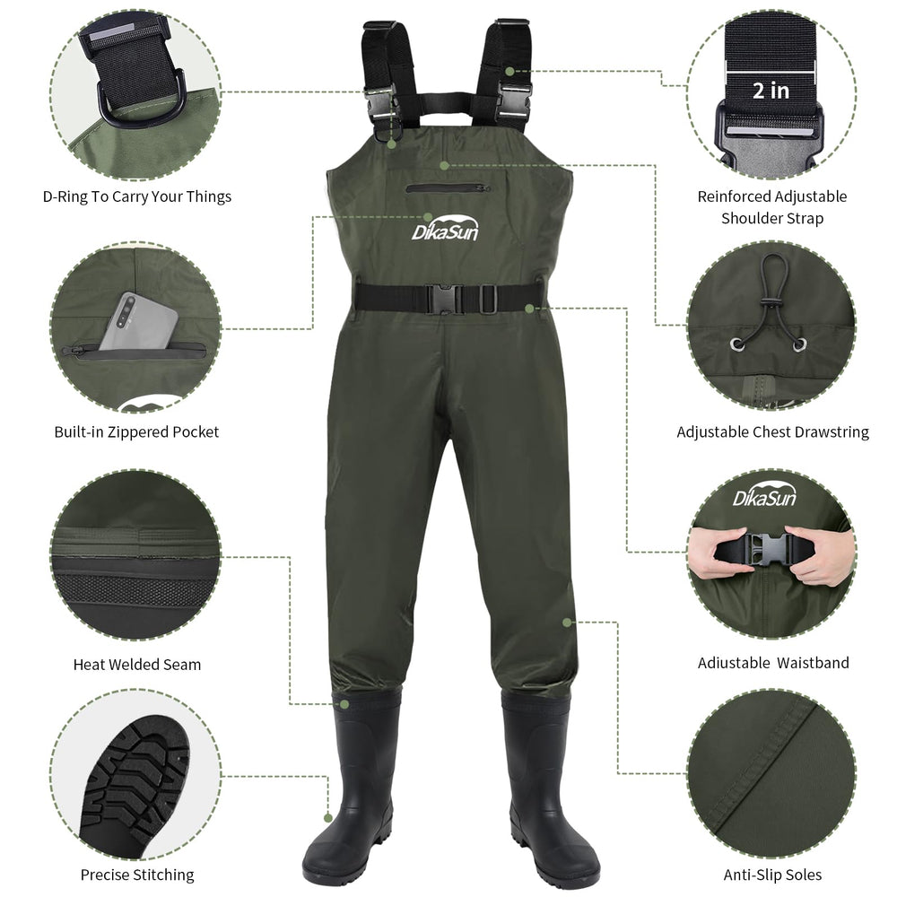 DikaSun waders green back view highlighting seamless waterproof coverage for all-day wear.