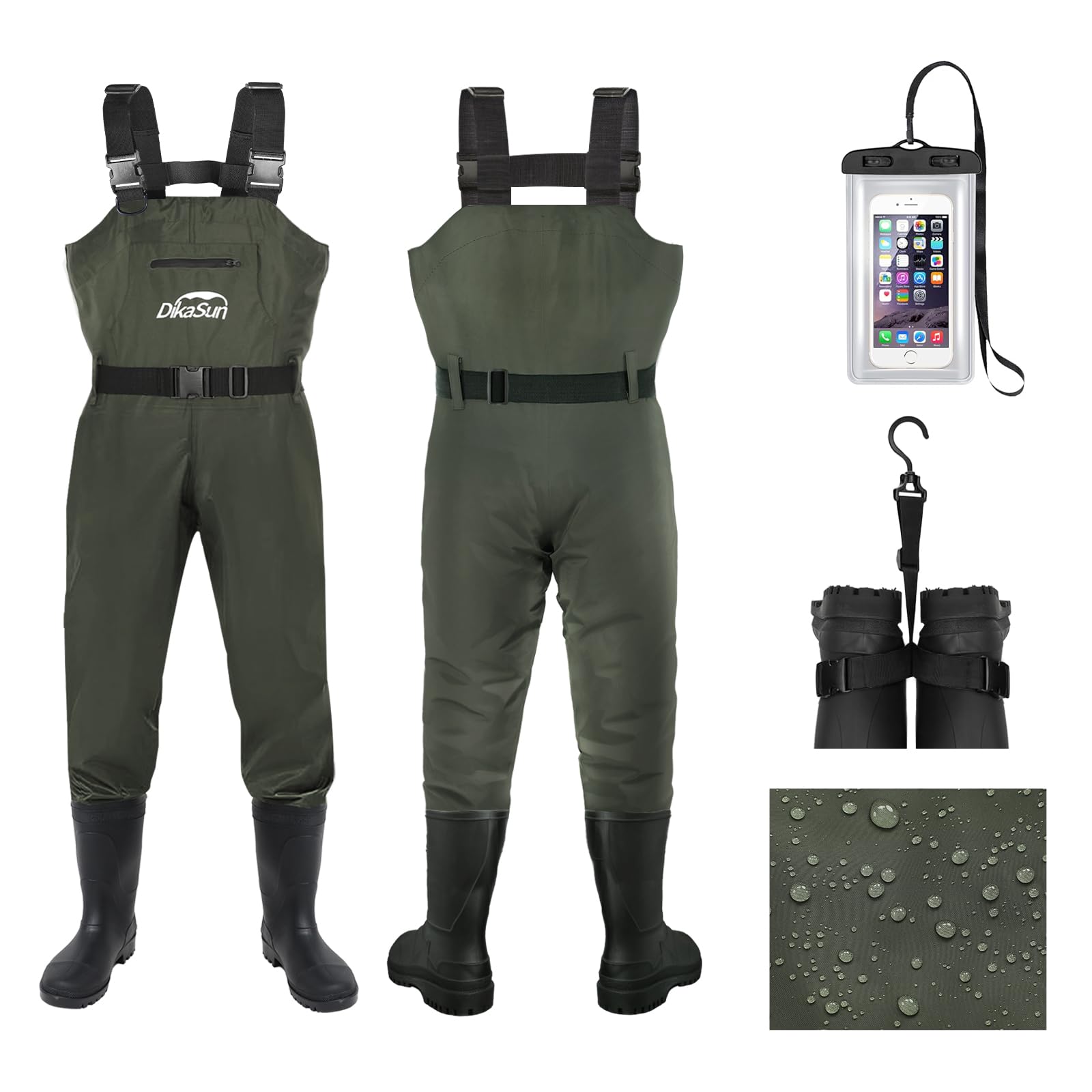 DikaSun waders green front view showing waterproof 2-ply construction for dry outdoor fishing.
