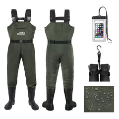 DikaSun waders green front view showing waterproof 2-ply construction for dry outdoor fishing.