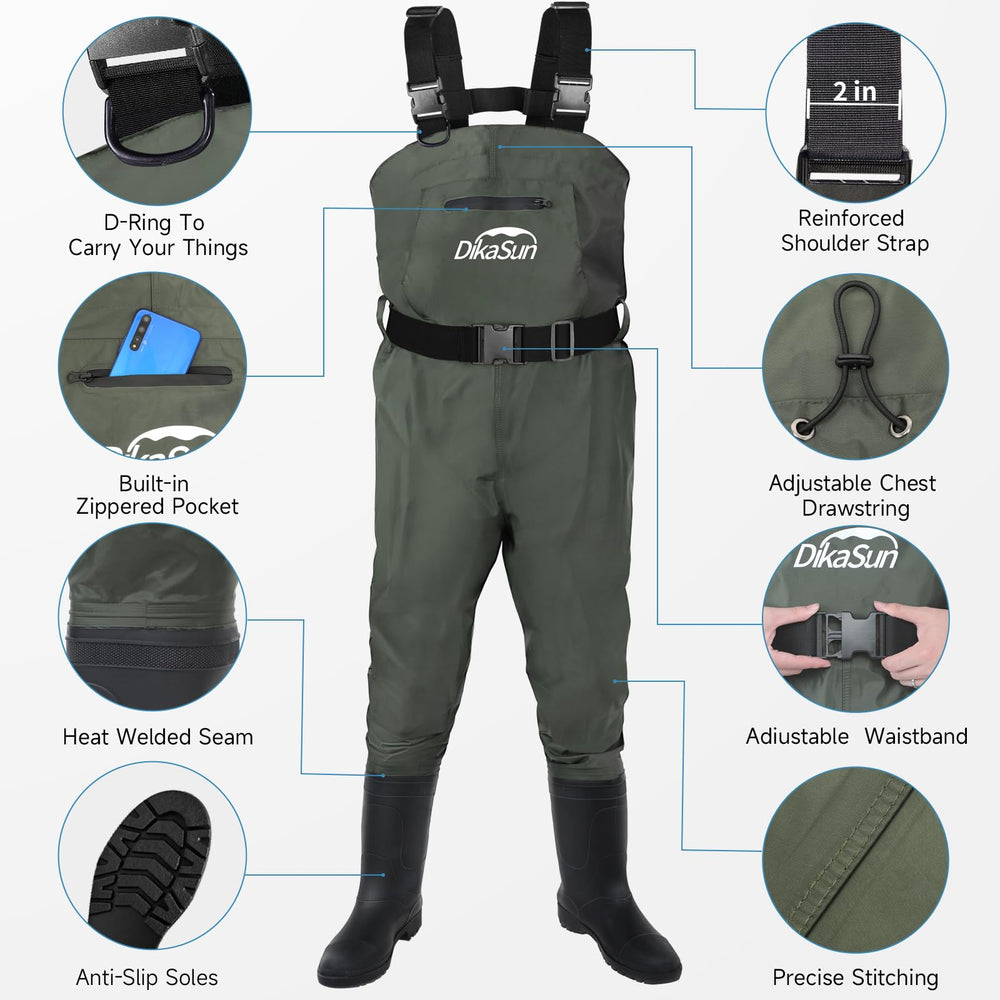 DikaSun Waders booted feet close-up highlighting reinforced boots and non-slip traction