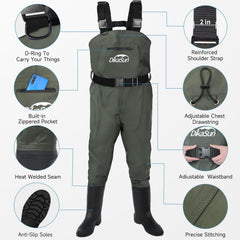 DikaSun Waders booted feet close-up highlighting reinforced boots and non-slip traction