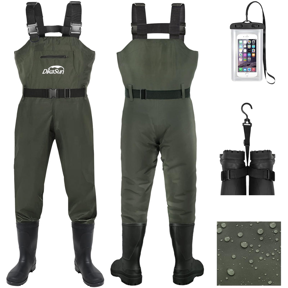 DikaSun waterproof waders with adjustable shoulder straps for a secure, customizable fit.