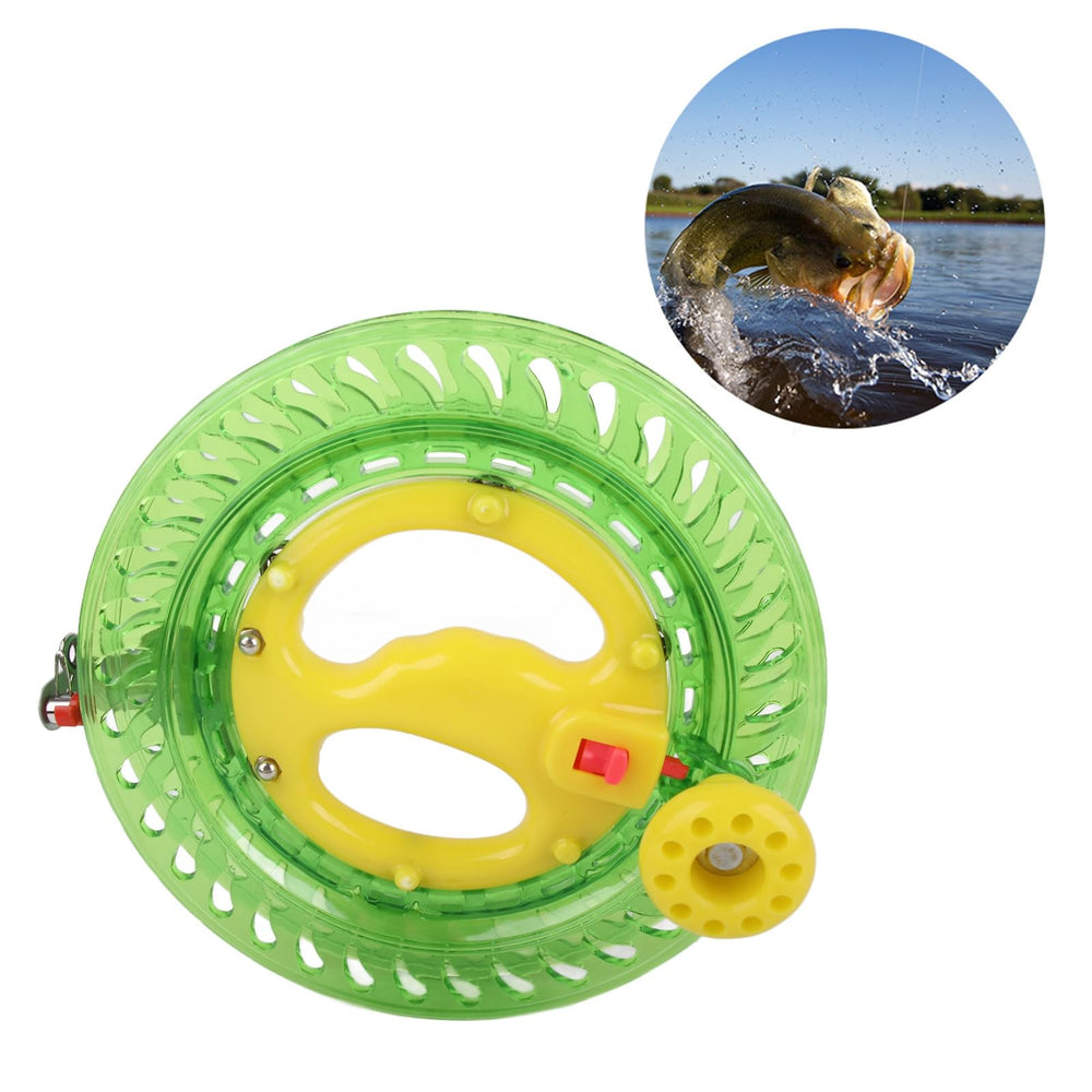 Dilwe green fishing line reel in-hand view demonstrates portable gear.