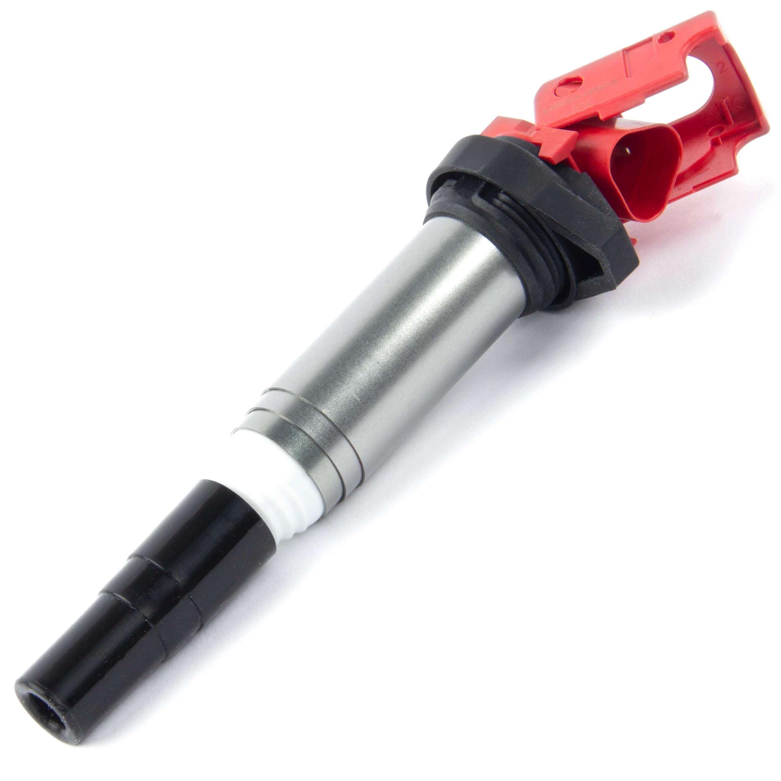 Dinan D650-0003 red ignition coil close-up highlighting premium materials for stable ignition in BMW engines.