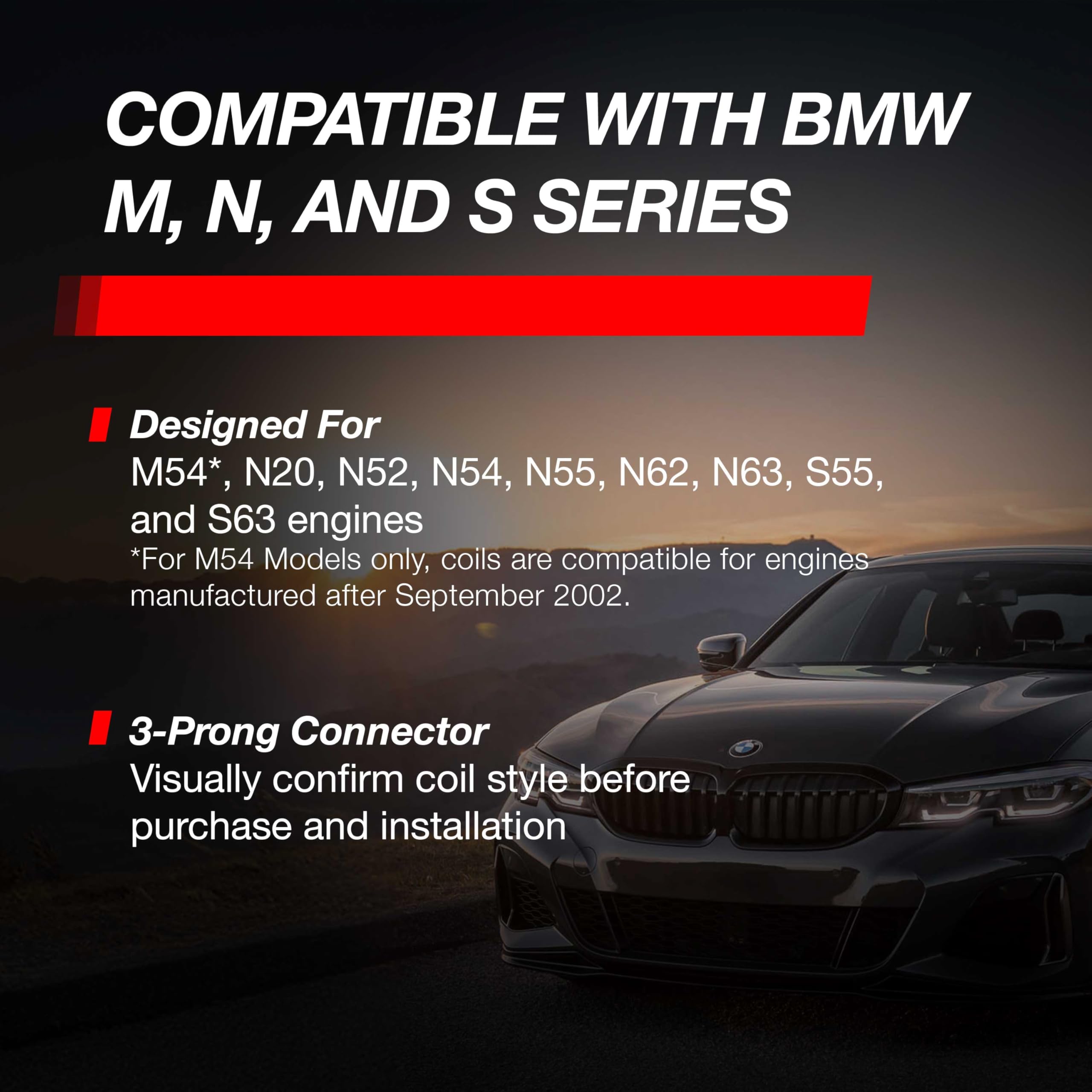 Dinan D650-0003 red coil with fitment chart shows M54, N20 compatibility.