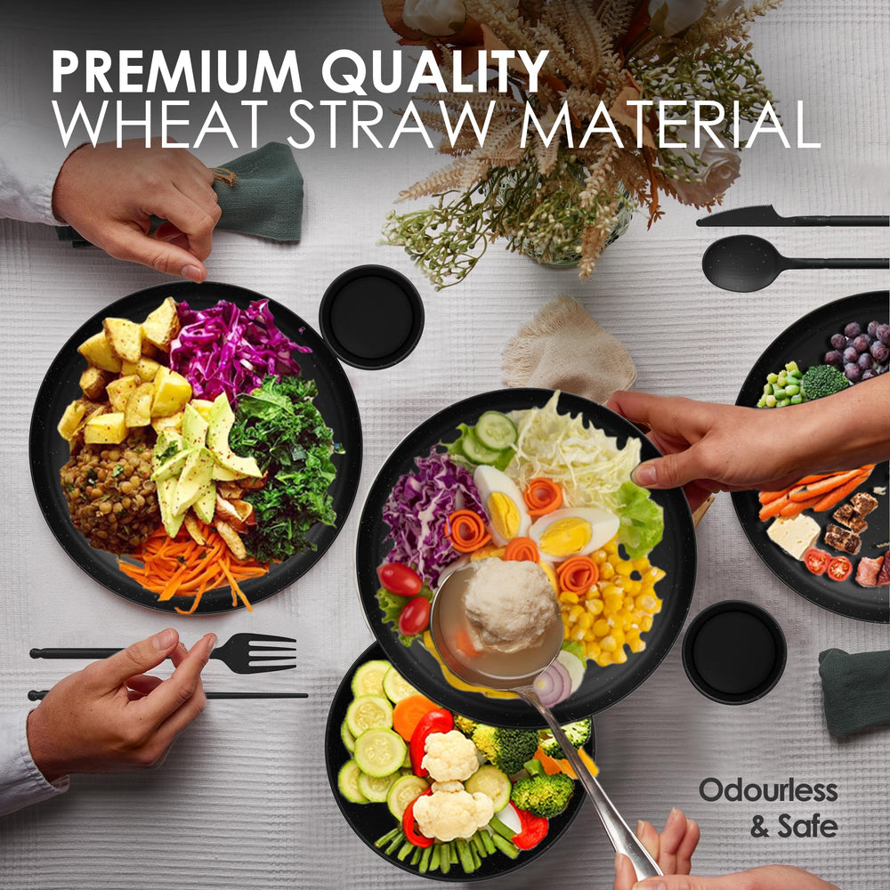 DINETHICS wheat straw dinnerware bowls—colorful, stain-resistant for family meals.