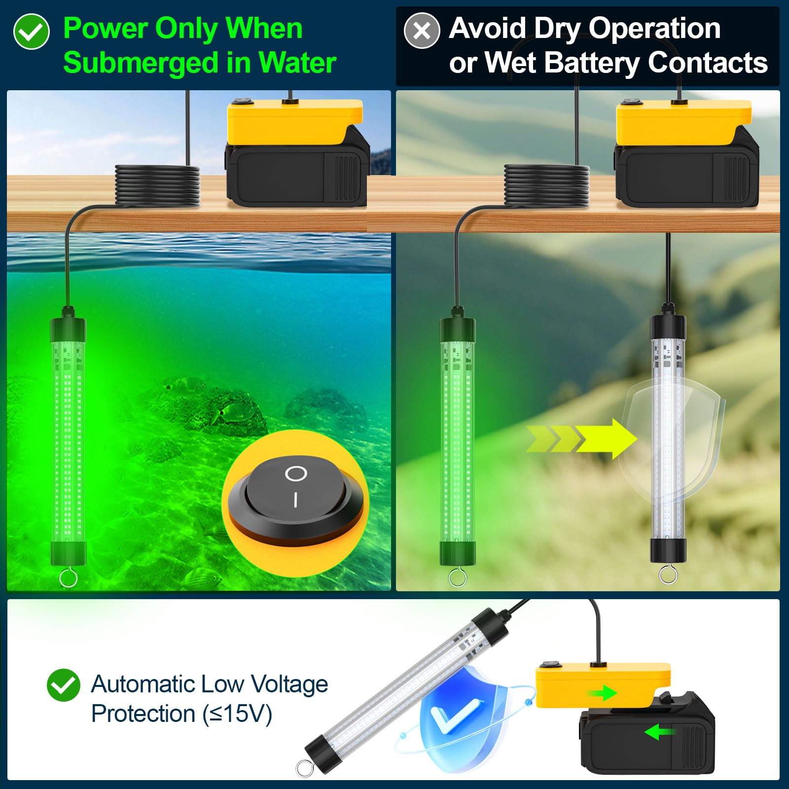 Durable submersible light with 50cm power cable and copper brackets