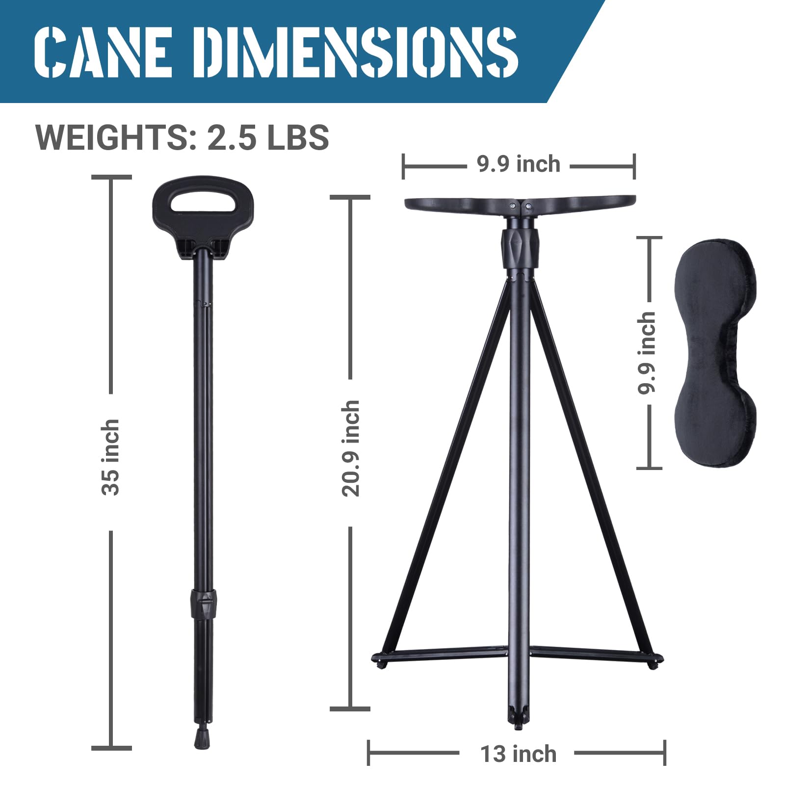DINVES Adjustable Cane Chair aluminum-frame highlights lightweight mobility and sturdy support.