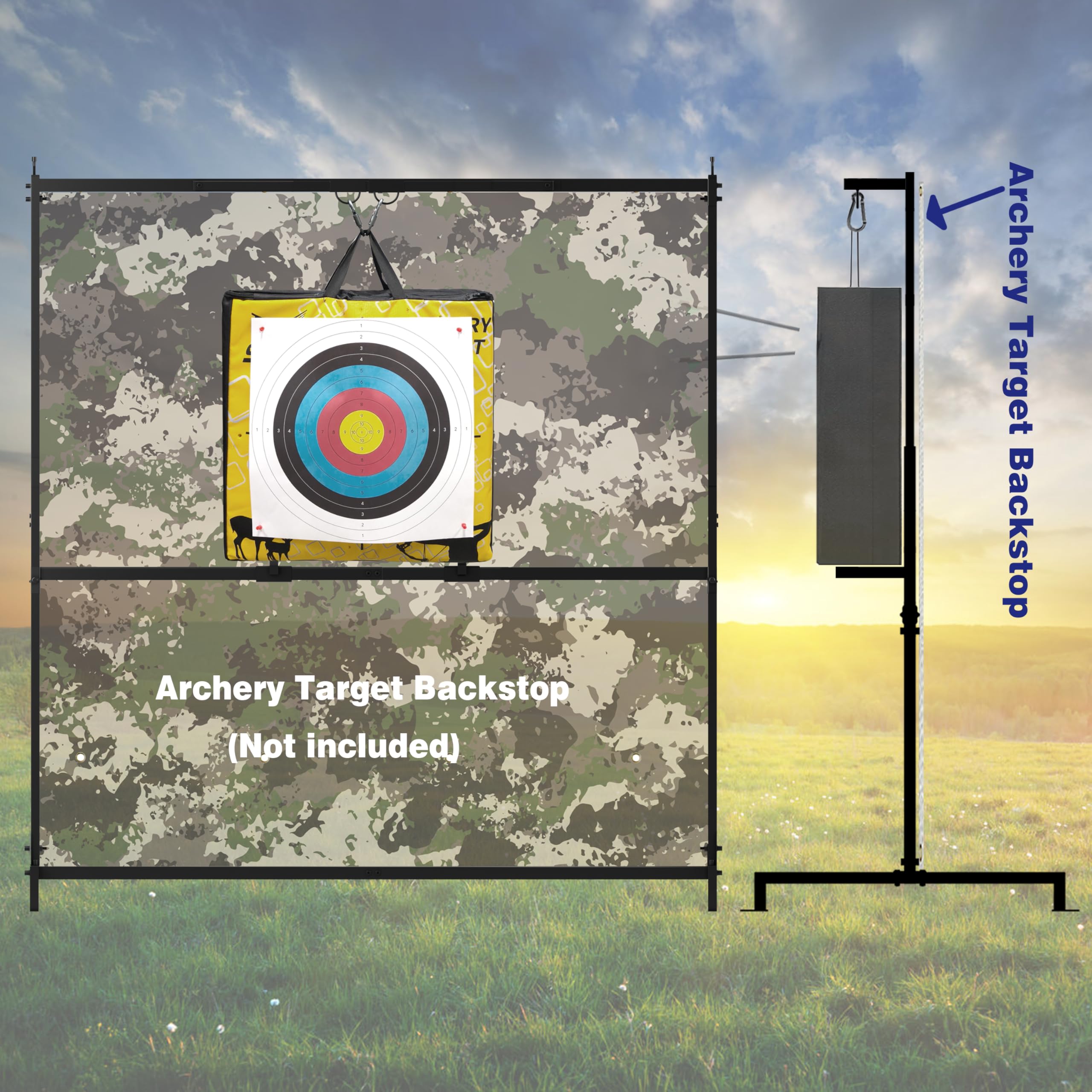 DIOLILI Archery Stand backstop-ready view shows compatibility with 5x5ft targets.