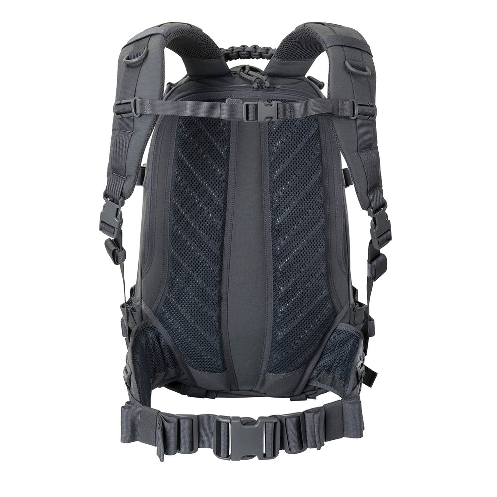Direct Action Dragon Egg Enlarged Shadow Grey 30L back view highlights hydration pocket and lumbar support.