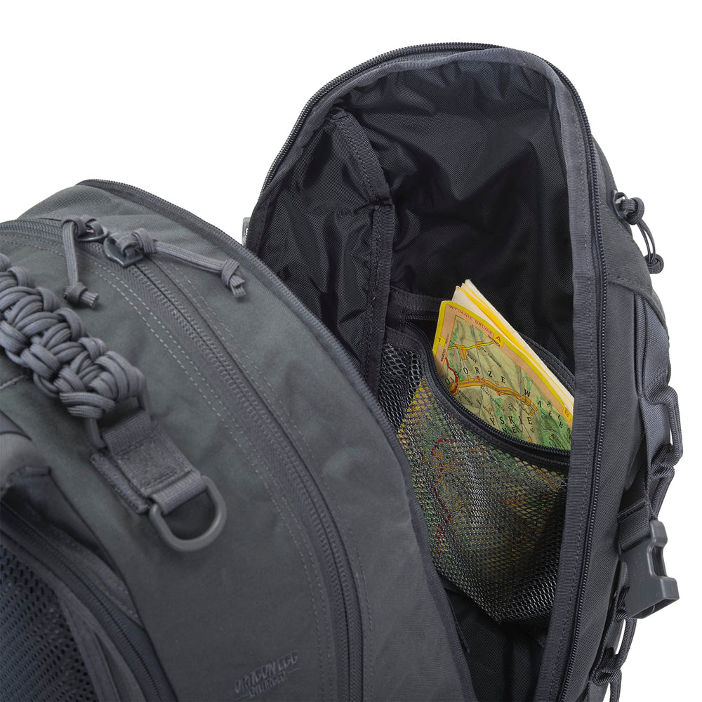 Direct Action Dragon Egg Enlarged Shadow Grey 30L MOLLE panel demonstrates modular expansion.