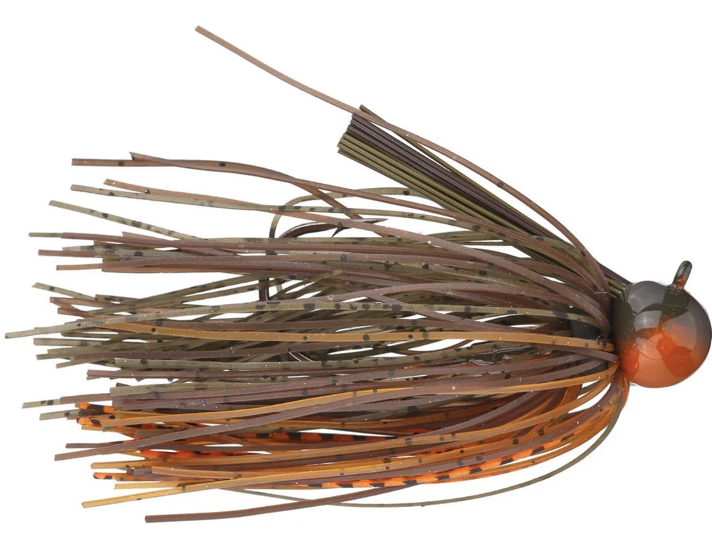 Close-up of Dirty Jigs TLFFGRP-38 football jig in Green Pumpkin
