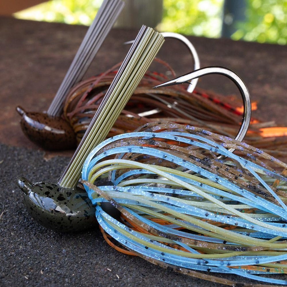 Dirty Jigs Pitchin' Jig weedless head design highlighted for cover fishing.
