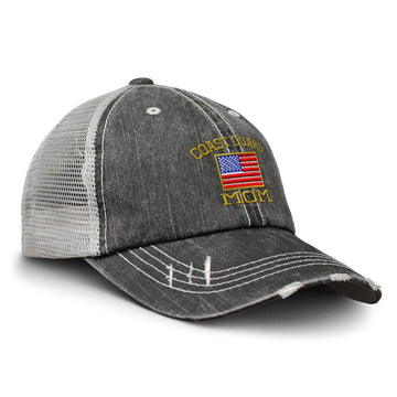 Front view of distressed trucker hat with American flag Coast Guard Mom embroidery in black and gray