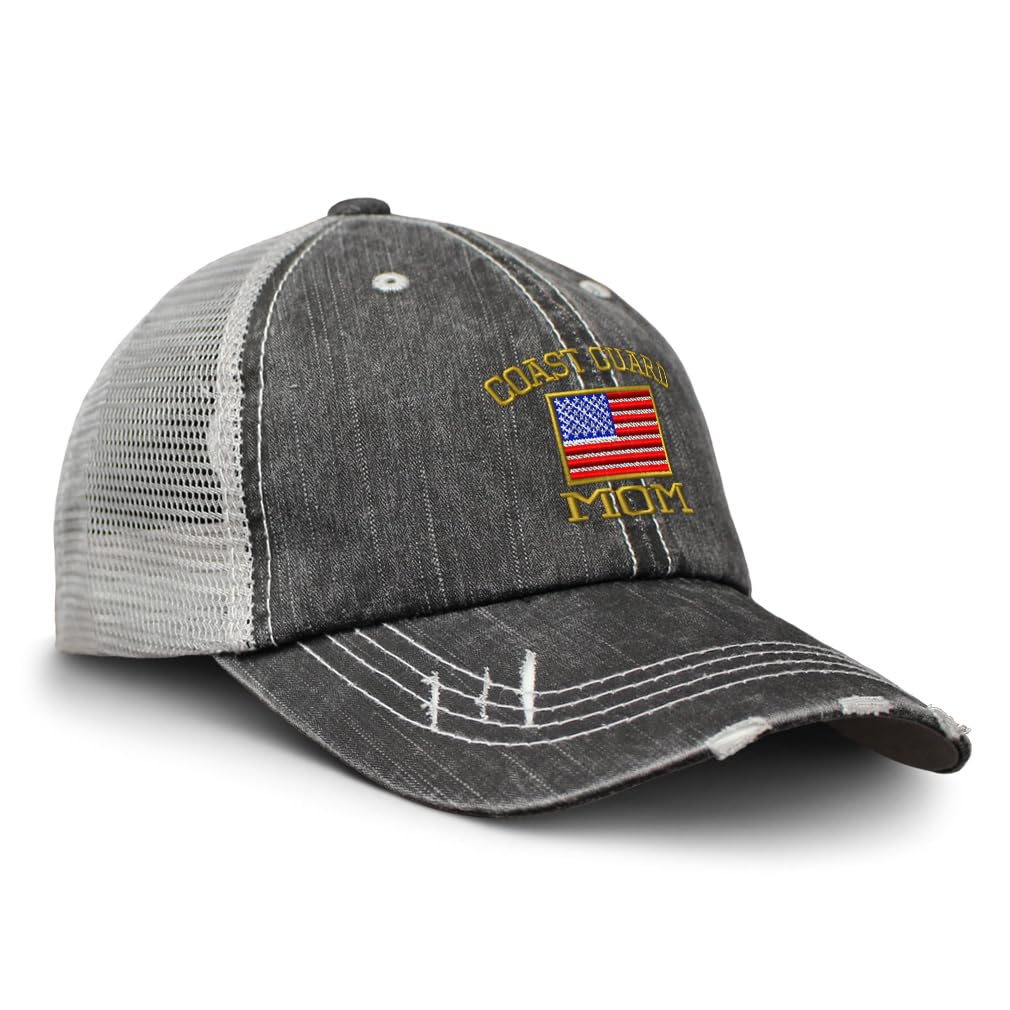 Front view of distressed trucker hat with American flag Coast Guard Mom embroidery in black and gray