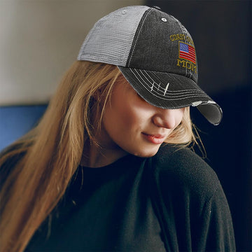 Side profile of six-panel distressed trucker hat with curved bill