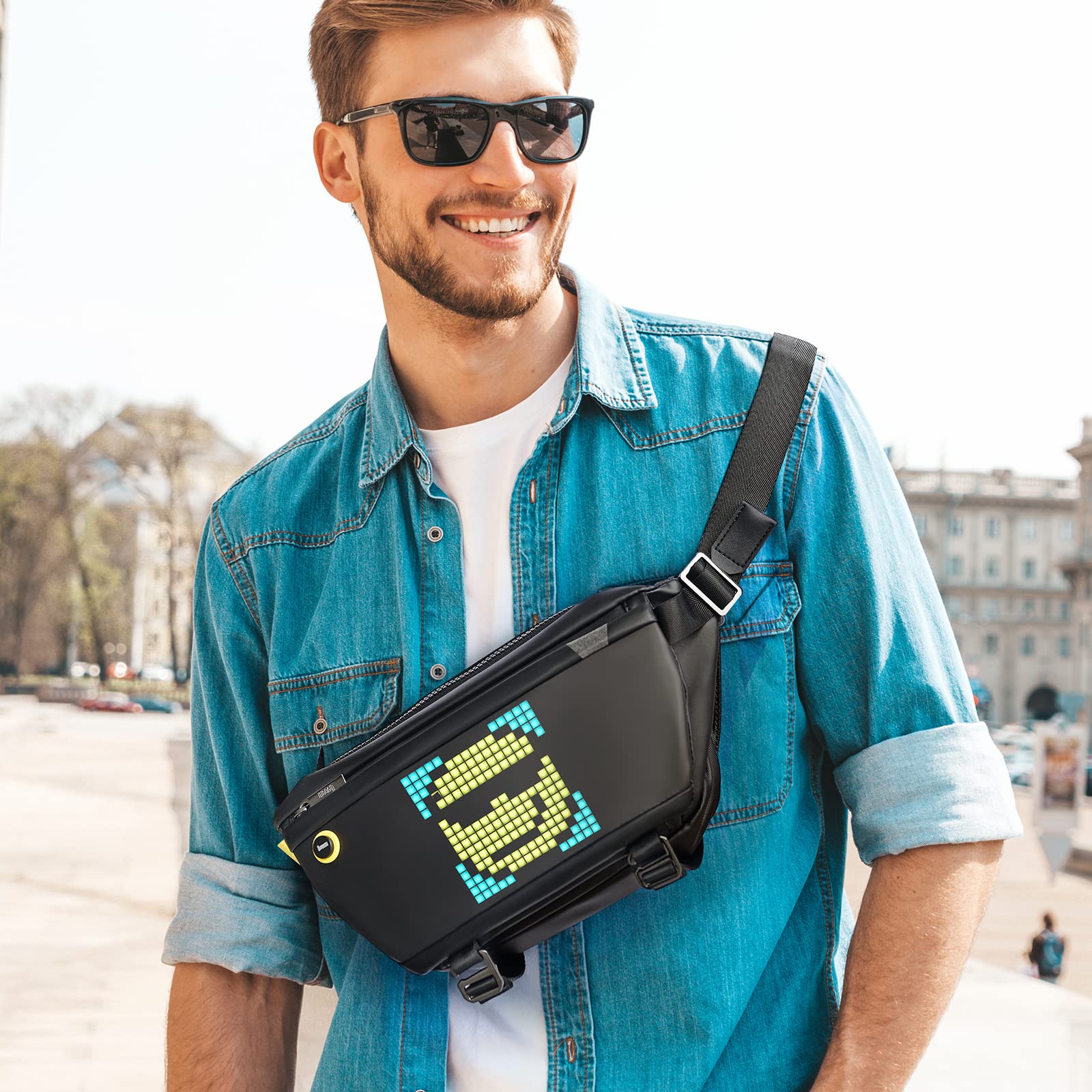 Divoom Sling Bag back view showing waterproof fabric and secure strap