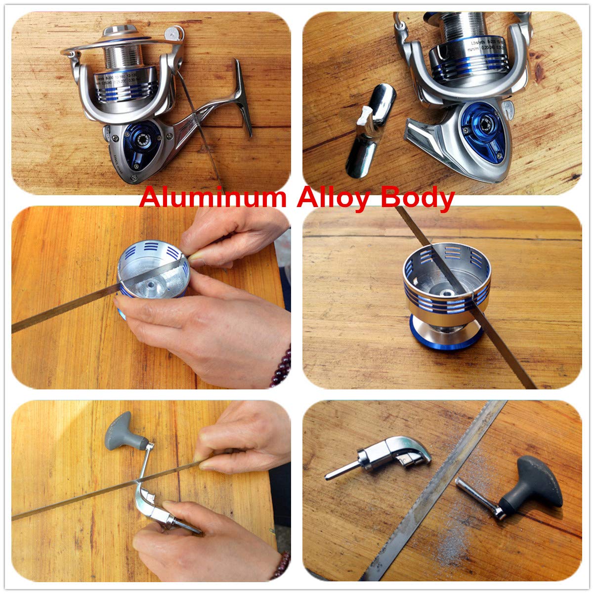 Reel showcasing interchangeable right or left handle.