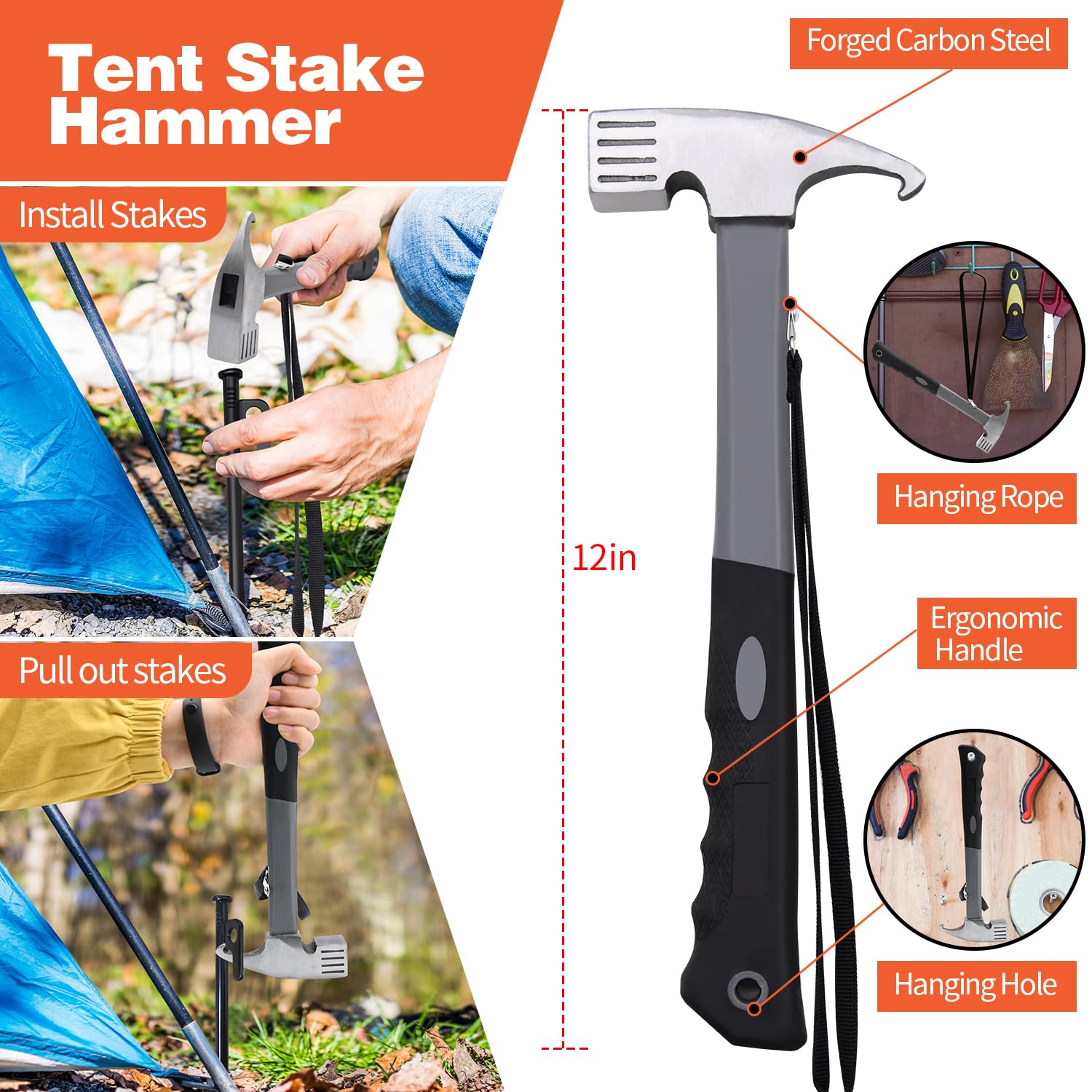 DkOvn tent hammer helps drive stakes easily into hard soil.