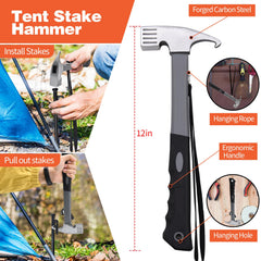 DkOvn tent hammer helps drive stakes easily into hard soil.