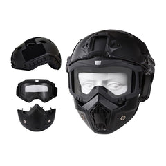 DLXARSOT airsoft helmet and goggles providing full-face protection for intense gameplay.