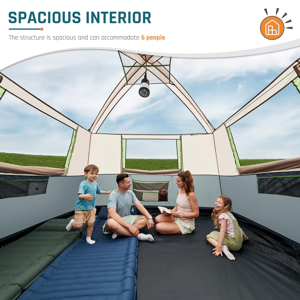 DMH Outdoors 6-person tent interior shows 78-inch peak height for comfortable sleeping